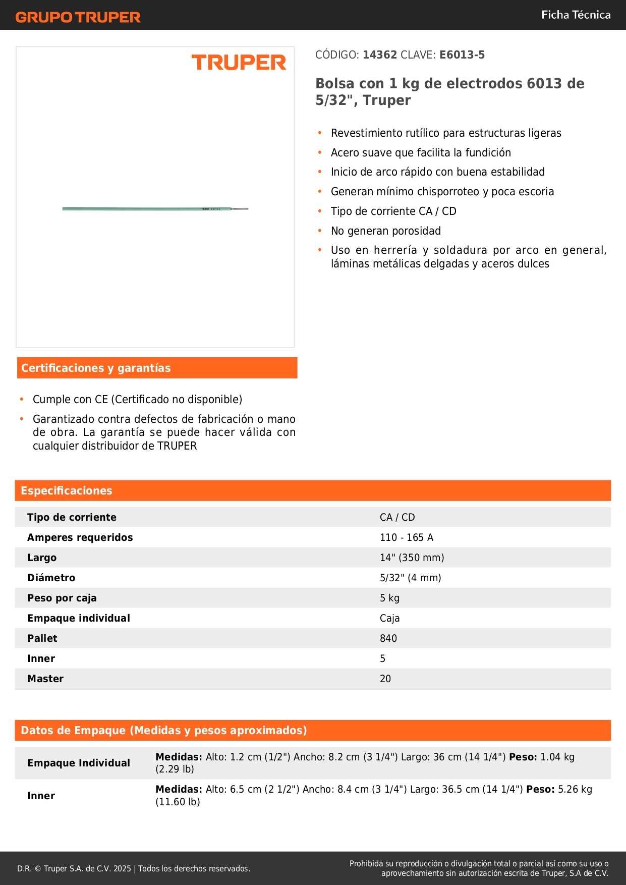 Electrodos para Soldadura 6013 5/32" Truper 1kg - Solución Profesional para Estructuras Ligeras, Láminas Delgadas y Herrería - Arco Estable Sin Porosidad E6013-5