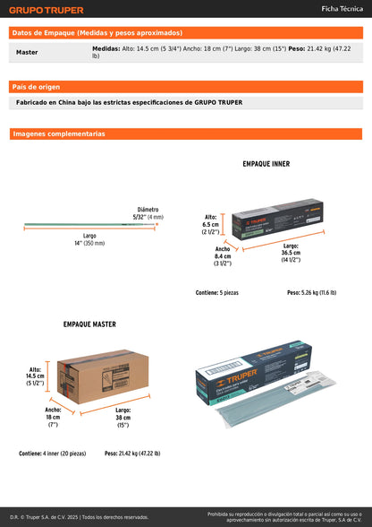 Electrodos para Soldadura 6013 5/32" Truper 1kg - Solución Profesional para Estructuras Ligeras, Láminas Delgadas y Herrería - Arco Estable Sin Porosidad E6013-5