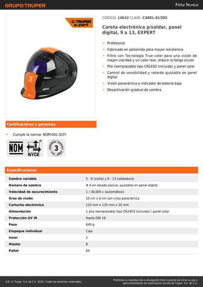 Careta Electrónica Soldadura CAREL-913DX Expert 9-13 Digital - Protección Profesional Anti-Fatiga Ocular