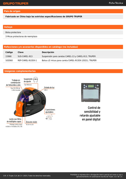 Careta Electrónica Soldadura CAREL-913DX Expert 9-13 Digital - Protección Profesional Anti-Fatiga Ocular