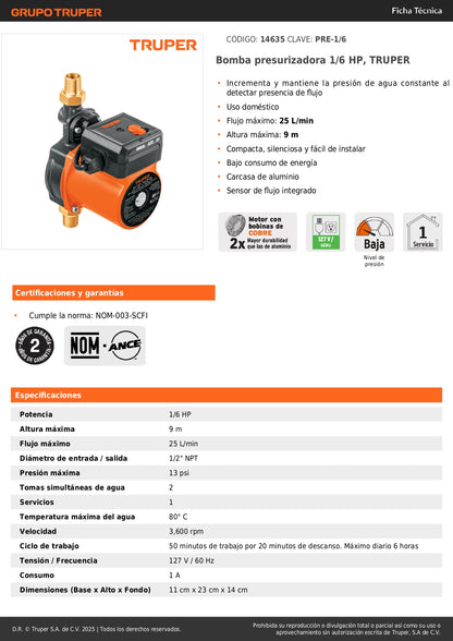 Bomba Presurizadora TRUPER 1/6 HP - Solución Definitiva para Baja Presión de Agua Doméstica | 25 L/min | Silenciosa y Compacta | Sensor de Flujo Automático | PRE-1/6