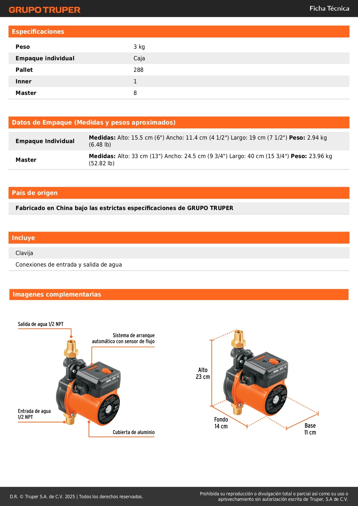 Bomba Presurizadora TRUPER 1/6 HP - Solución Definitiva para Baja Presión de Agua Doméstica | 25 L/min | Silenciosa y Compacta | Sensor de Flujo Automático | PRE-1/6