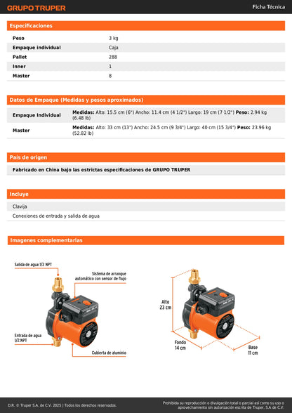 Bomba Presurizadora TRUPER 1/6 HP - Solución Definitiva para Baja Presión de Agua Doméstica | 25 L/min | Silenciosa y Compacta | Sensor de Flujo Automático | PRE-1/6