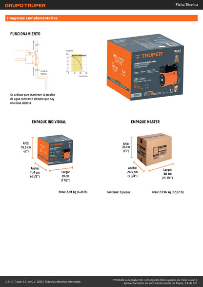 Bomba Presurizadora TRUPER 1/6 HP - Solución Definitiva para Baja Presión de Agua Doméstica | 25 L/min | Silenciosa y Compacta | Sensor de Flujo Automático | PRE-1/6