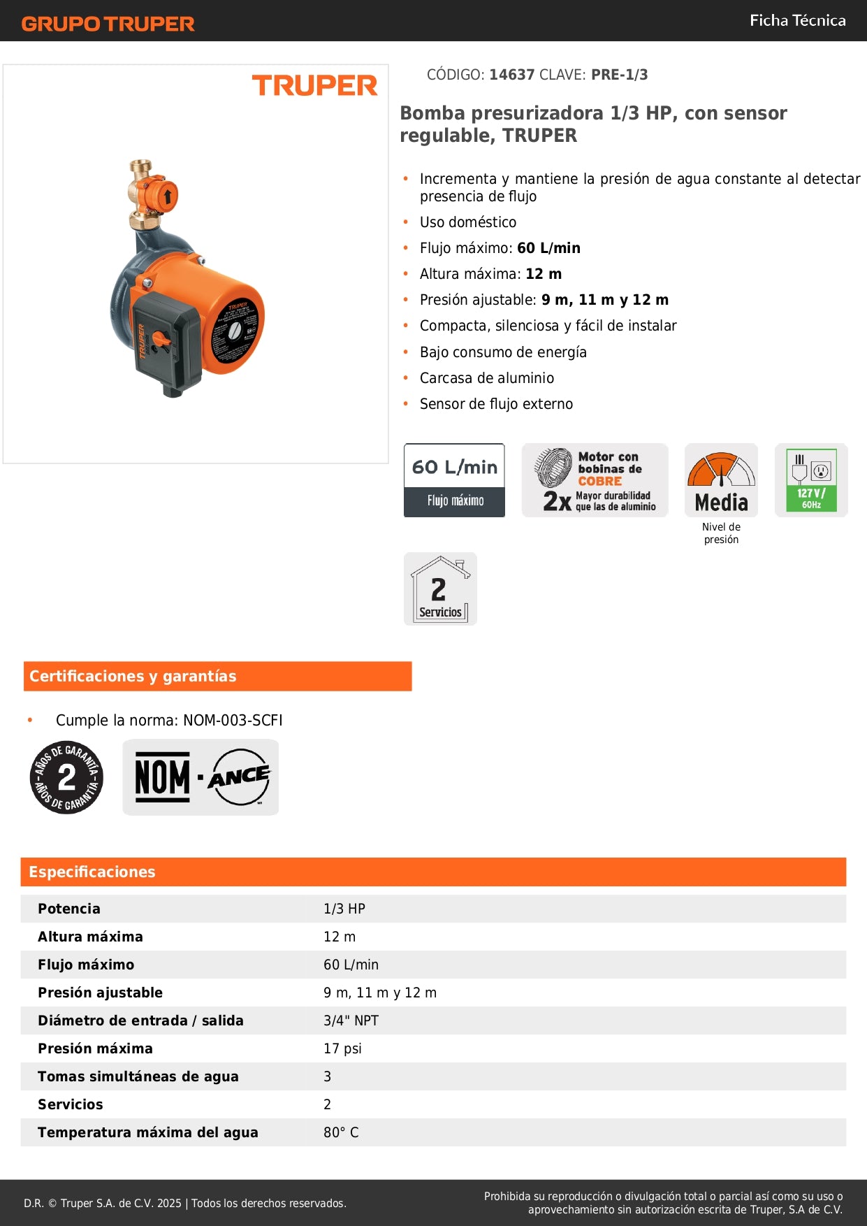 Bomba Presurizadora TRUPER 1/3 HP con Sensor Regulable - Solución Definitiva para Baja Presión de Agua Doméstica - 60 L/min - PRE-1/3