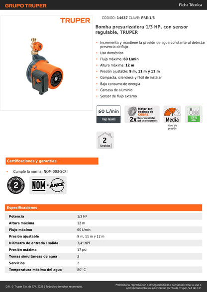 Bomba Presurizadora TRUPER 1/3 HP con Sensor Regulable - Solución Definitiva para Baja Presión de Agua Doméstica - 60 L/min - PRE-1/3