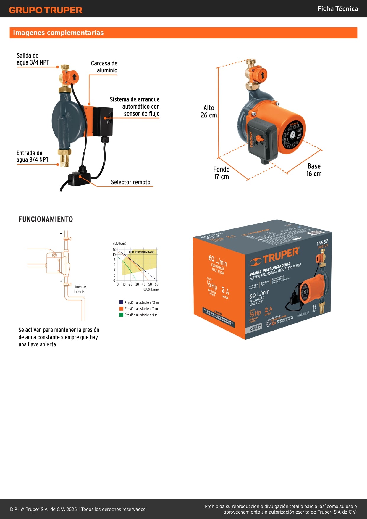Bomba Presurizadora TRUPER 1/3 HP con Sensor Regulable - Solución Definitiva para Baja Presión de Agua Doméstica - 60 L/min - PRE-1/3