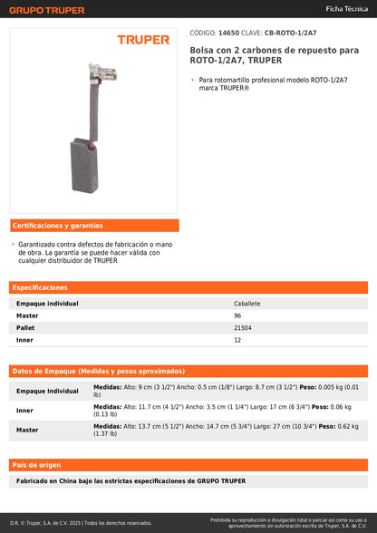 Bolsa con 2 carbones de repuesto para ROTO-1/2A7, TRUPER