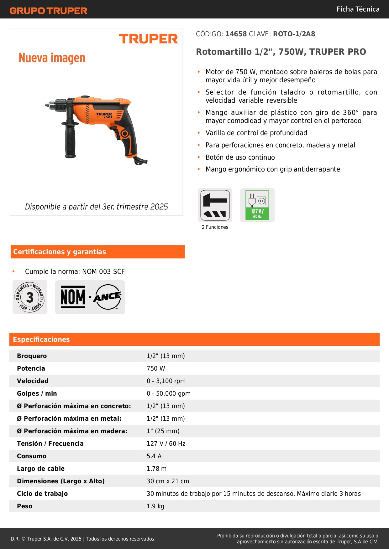 Rotomartillo TRUPER PRO 1/2" 750W - Taladro Percutor Profesional para Concreto, Madera y Metal
