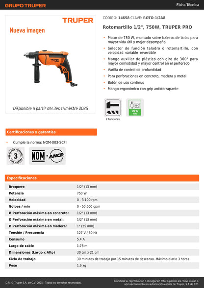 Rotomartillo TRUPER PRO 1/2" 750W - Taladro Percutor Profesional para Concreto, Madera y Metal