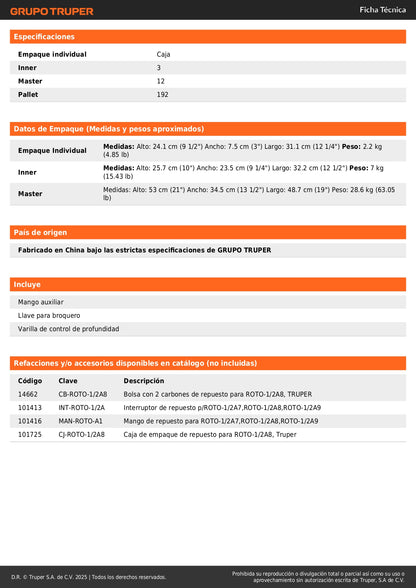 Rotomartillo TRUPER PRO 1/2" 750W - Taladro Percutor Profesional para Concreto, Madera y Metal