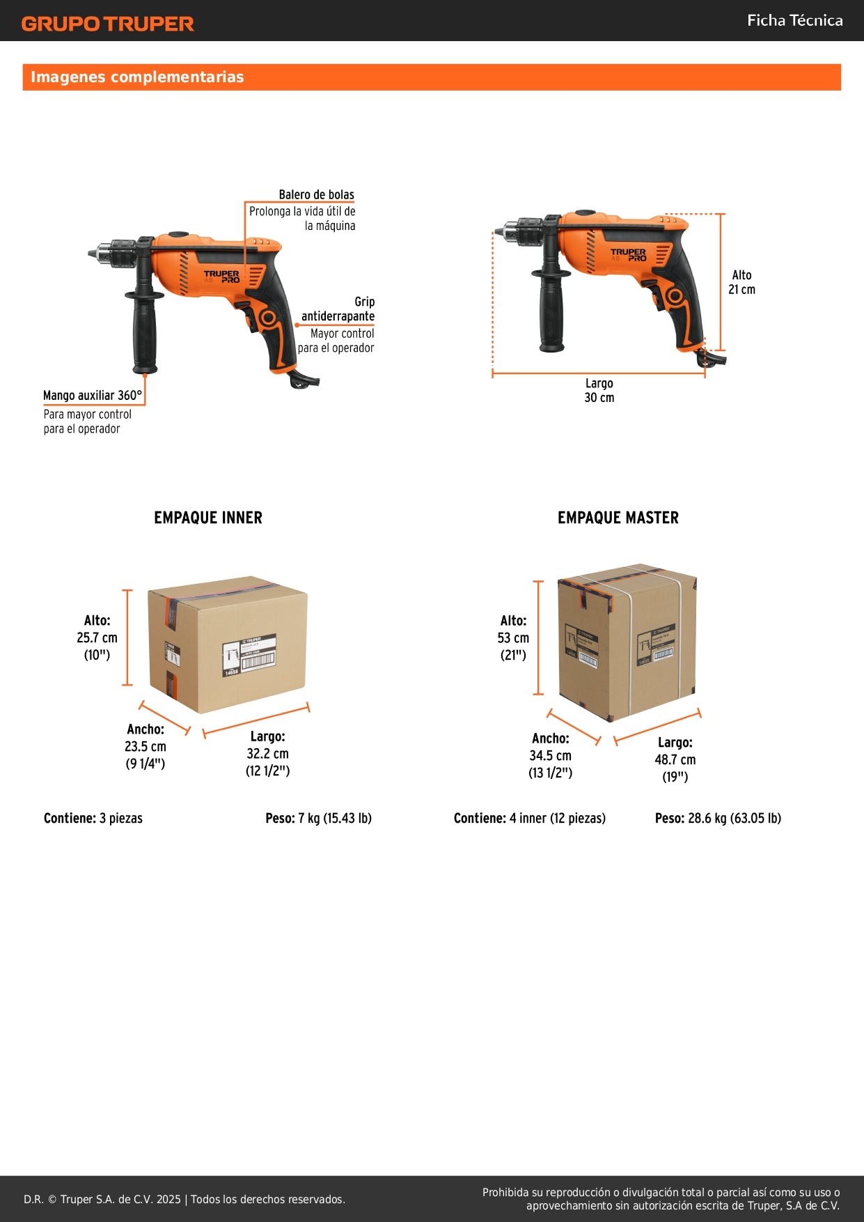 Rotomartillo TRUPER PRO 1/2" 750W - Taladro Percutor Profesional para Concreto, Madera y Metal