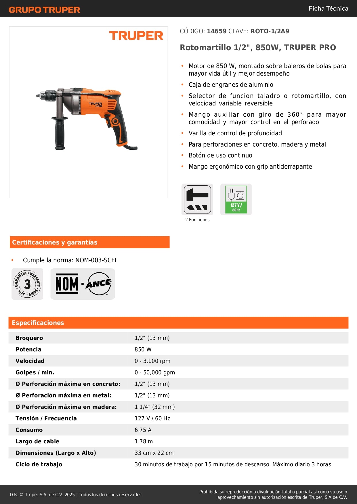 Rotomartillo TRUPER PRO 1/2 Pulgada 850W - Taladro Percutor Profesional con Mango Ergonómico y Selector de Función