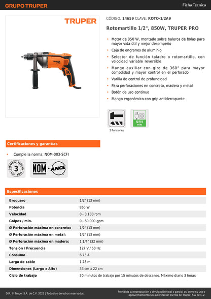 Rotomartillo TRUPER PRO 1/2 Pulgada 850W - Taladro Percutor Profesional con Mango Ergonómico y Selector de Función