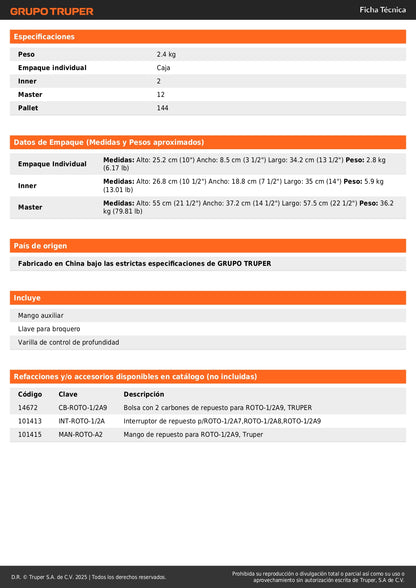 Rotomartillo TRUPER PRO 1/2 Pulgada 850W - Taladro Percutor Profesional con Mango Ergonómico y Selector de Función