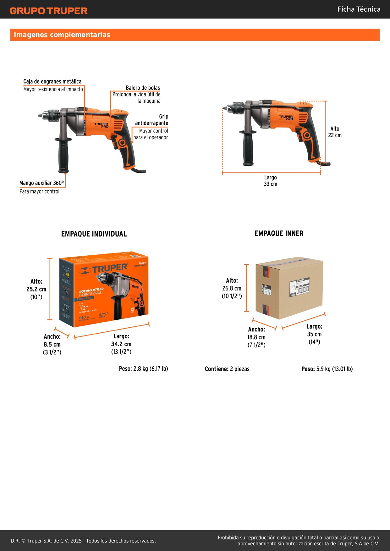 Rotomartillo TRUPER PRO 1/2 Pulgada 850W - Taladro Percutor Profesional con Mango Ergonómico y Selector de Función