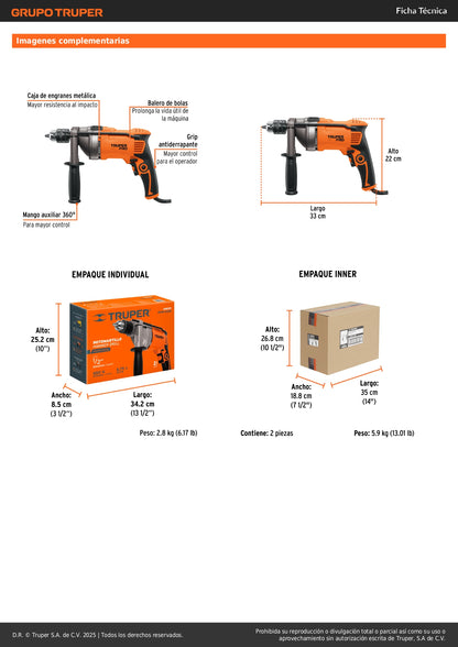 Rotomartillo TRUPER PRO 1/2 Pulgada 850W - Taladro Percutor Profesional con Mango Ergonómico y Selector de Función