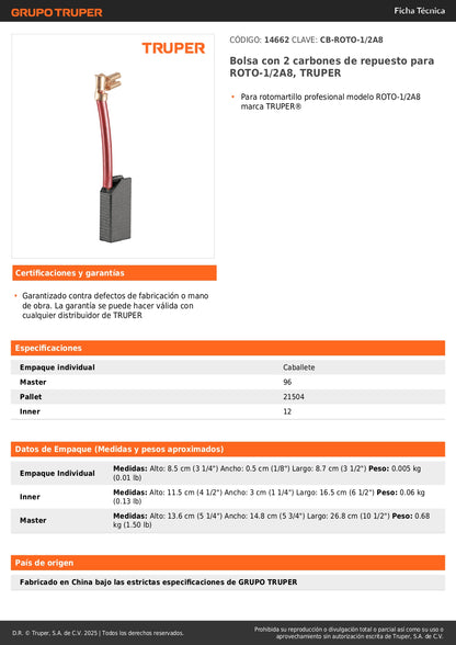 Bolsa con 2 carbones de repuesto para ROTO-1/2A8, TRUPER