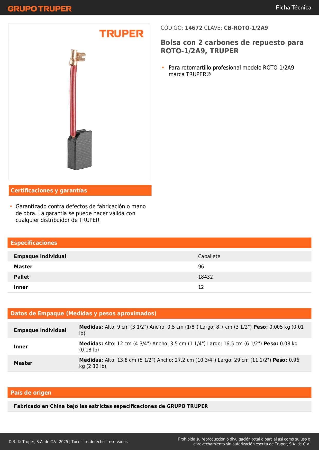 Bolsa con 2 carbones de repuesto para ROTO-1/2A9, TRUPER