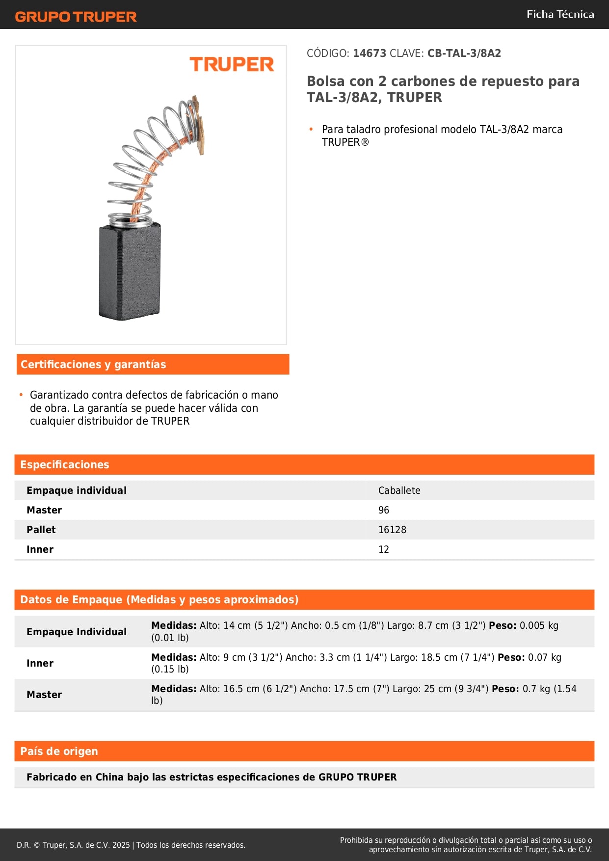 Bolsa con 2 carbones de repuesto para TAL-3/8A2, TRUPER