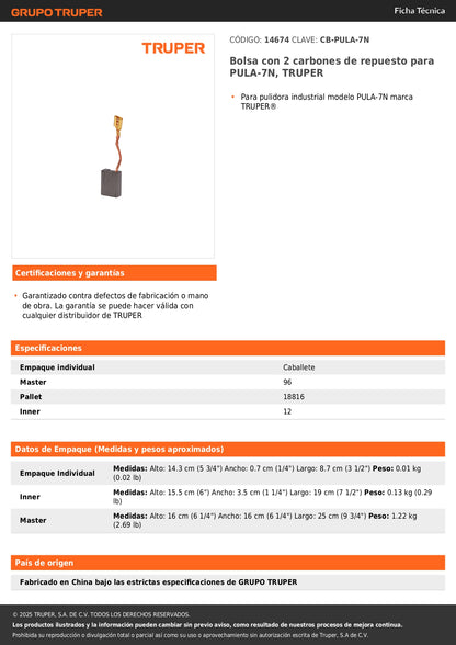 Bolsa con 2 carbones de repuesto para PULA-7N, TRUPER