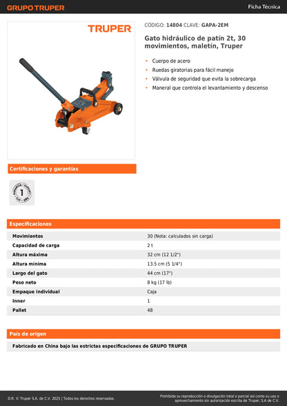Gato Hidráulico de Patín 2 Toneladas Truper GAPA-2EM - Levantamiento Seguro de Vehículos con Ruedas Giratorias y Maletín