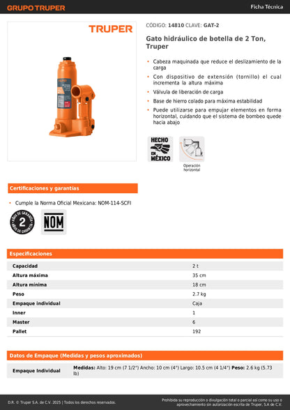 Gato Hidráulico de Botella Truper 2 Toneladas GAT-2 - Levanta Vehículos Pesados con Máxima Estabilidad y Seguridad