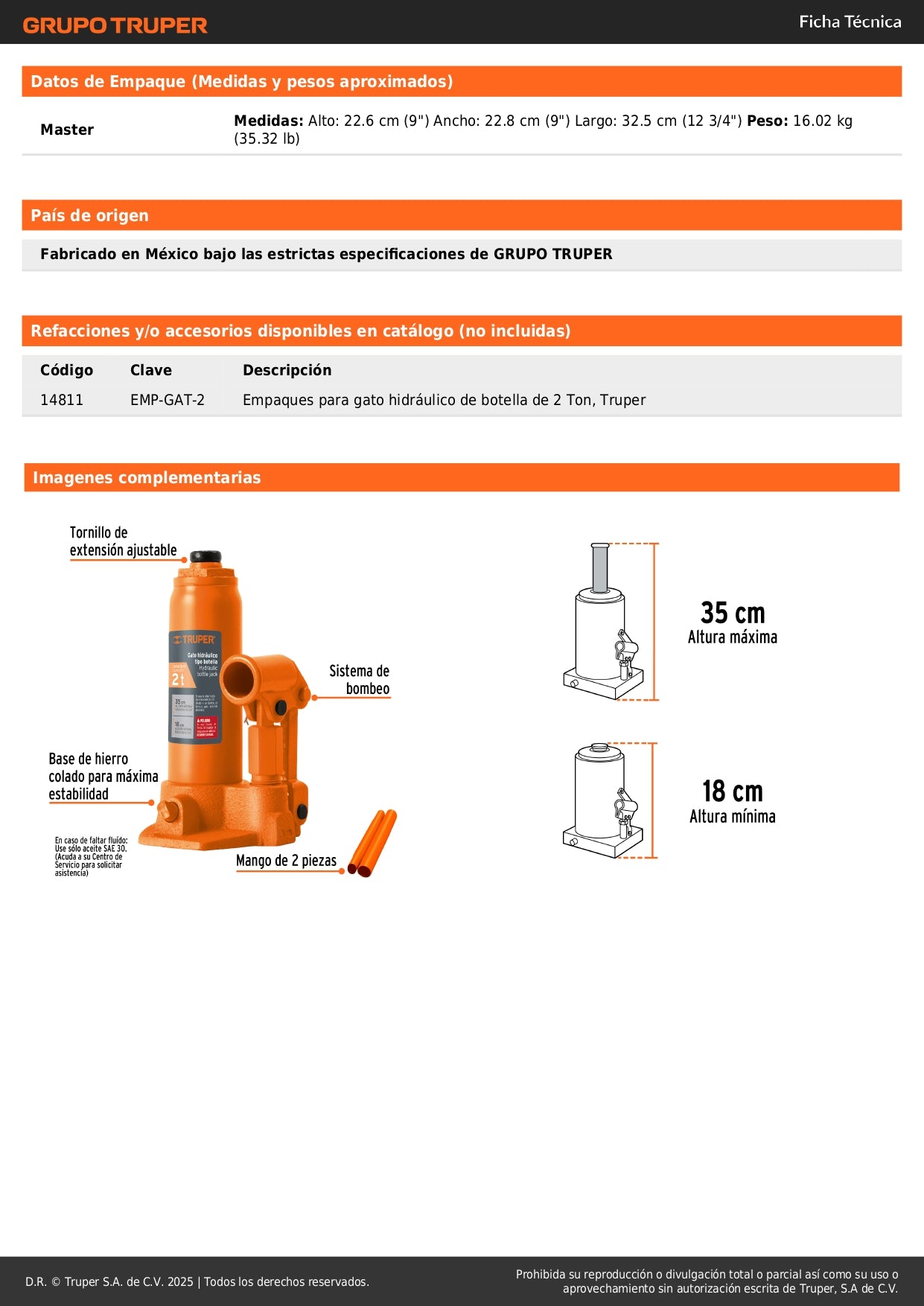 Gato Hidráulico de Botella Truper 2 Toneladas GAT-2 - Levanta Vehículos Pesados con Máxima Estabilidad y Seguridad