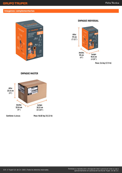 Gato Hidráulico de Botella Truper 2 Toneladas GAT-2 - Levanta Vehículos Pesados con Máxima Estabilidad y Seguridad