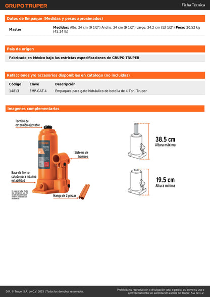 Gato Hidráulico Truper GAT-4 4 Toneladas - Levanta Vehículos Pesados con Seguridad y Estabilidad Máxima