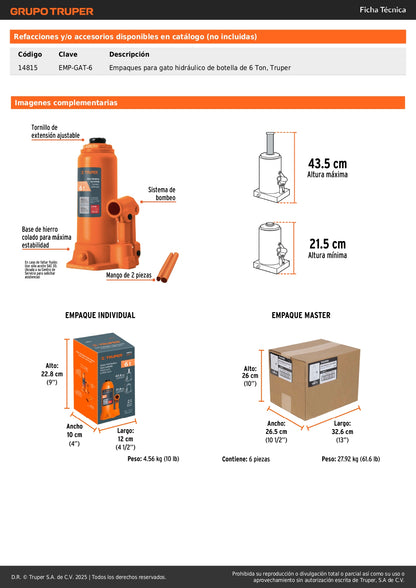 Gato Hidráulico de Botella Truper GAT-6 6 Toneladas - Levanta Vehículos Pesados con Cabeza Antideslizante y Base Estable