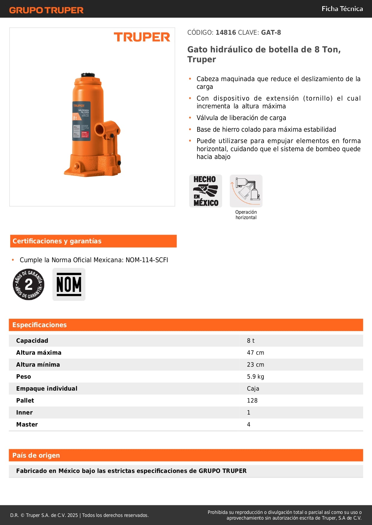 Gato Hidráulico de Botella 8 Toneladas Truper GAT-8 - Levanta Vehículos Pesados con Seguridad - Cabeza Antideslizante y Base Estable de Hierro Colado