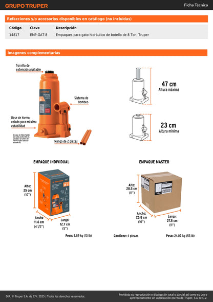 Gato Hidráulico de Botella 8 Toneladas Truper GAT-8 - Levanta Vehículos Pesados con Seguridad - Cabeza Antideslizante y Base Estable de Hierro Colado