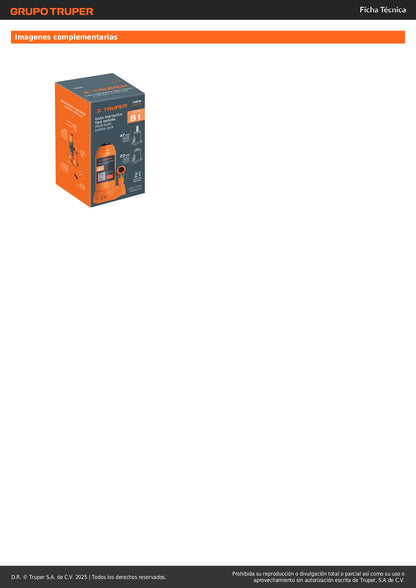 Gato Hidráulico de Botella 8 Toneladas Truper GAT-8 - Levanta Vehículos Pesados con Seguridad - Cabeza Antideslizante y Base Estable de Hierro Colado