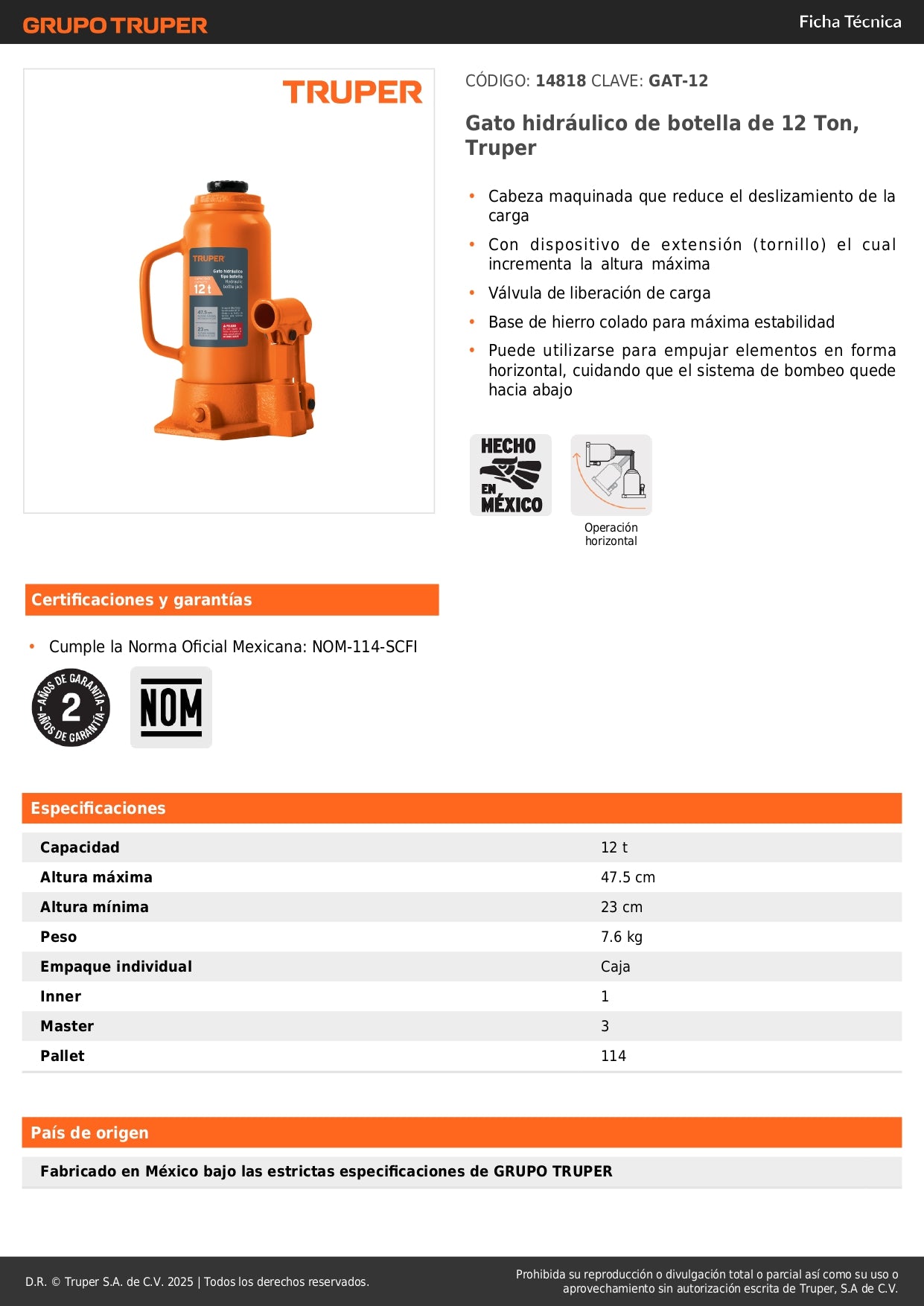 Gato Hidráulico de Botella 12 Ton Truper GAT-12 - Levantamiento Seguro de Vehículos Pesados con Base Estable