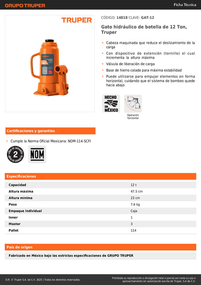 Gato Hidráulico de Botella 12 Ton Truper GAT-12 - Levantamiento Seguro de Vehículos Pesados con Base Estable