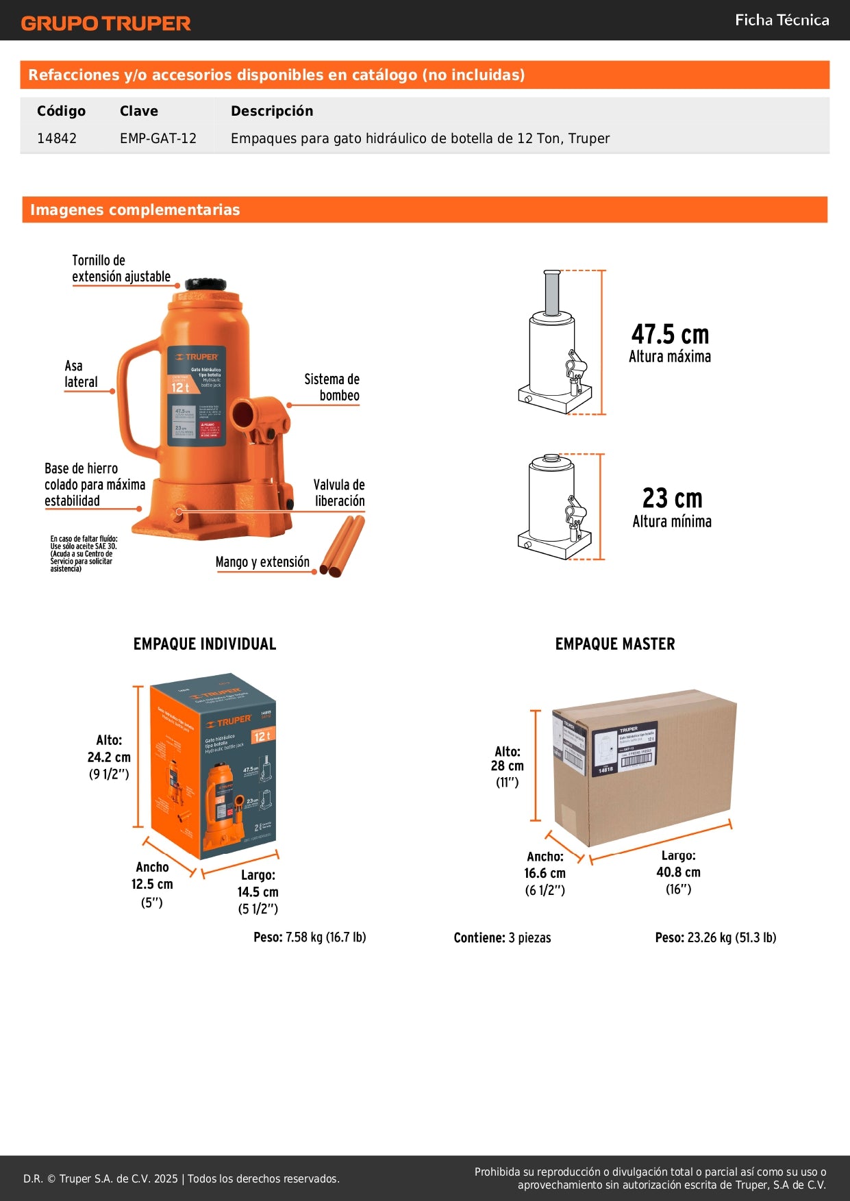 Gato Hidráulico de Botella 12 Ton Truper GAT-12 - Levantamiento Seguro de Vehículos Pesados con Base Estable