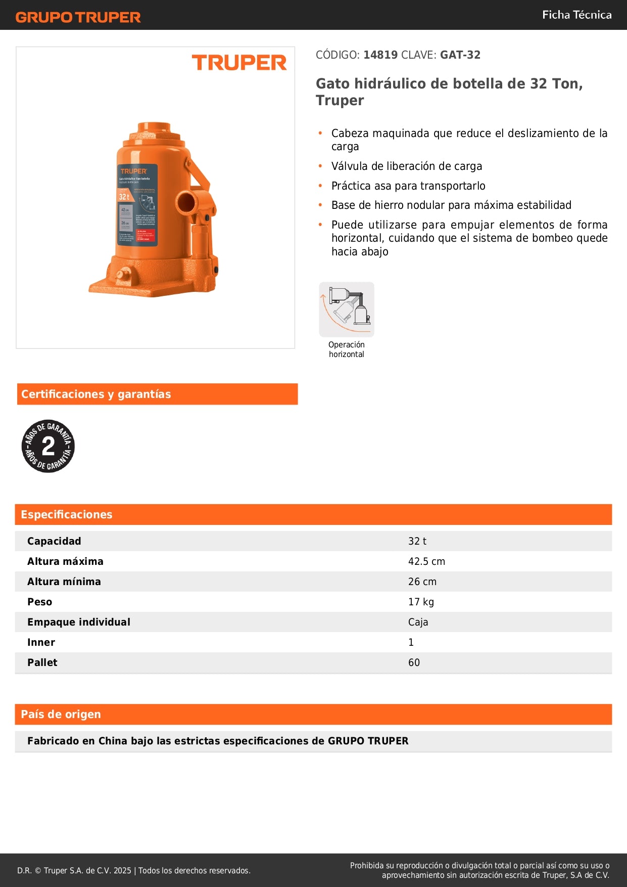 Gato Hidráulico Botella Truper 32 Toneladas GAT-32 - Levanta Cargas Pesadas con Máxima Estabilidad