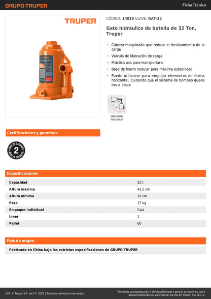Gato Hidráulico Botella Truper 32 Toneladas GAT-32 - Levanta Cargas Pesadas con Máxima Estabilidad