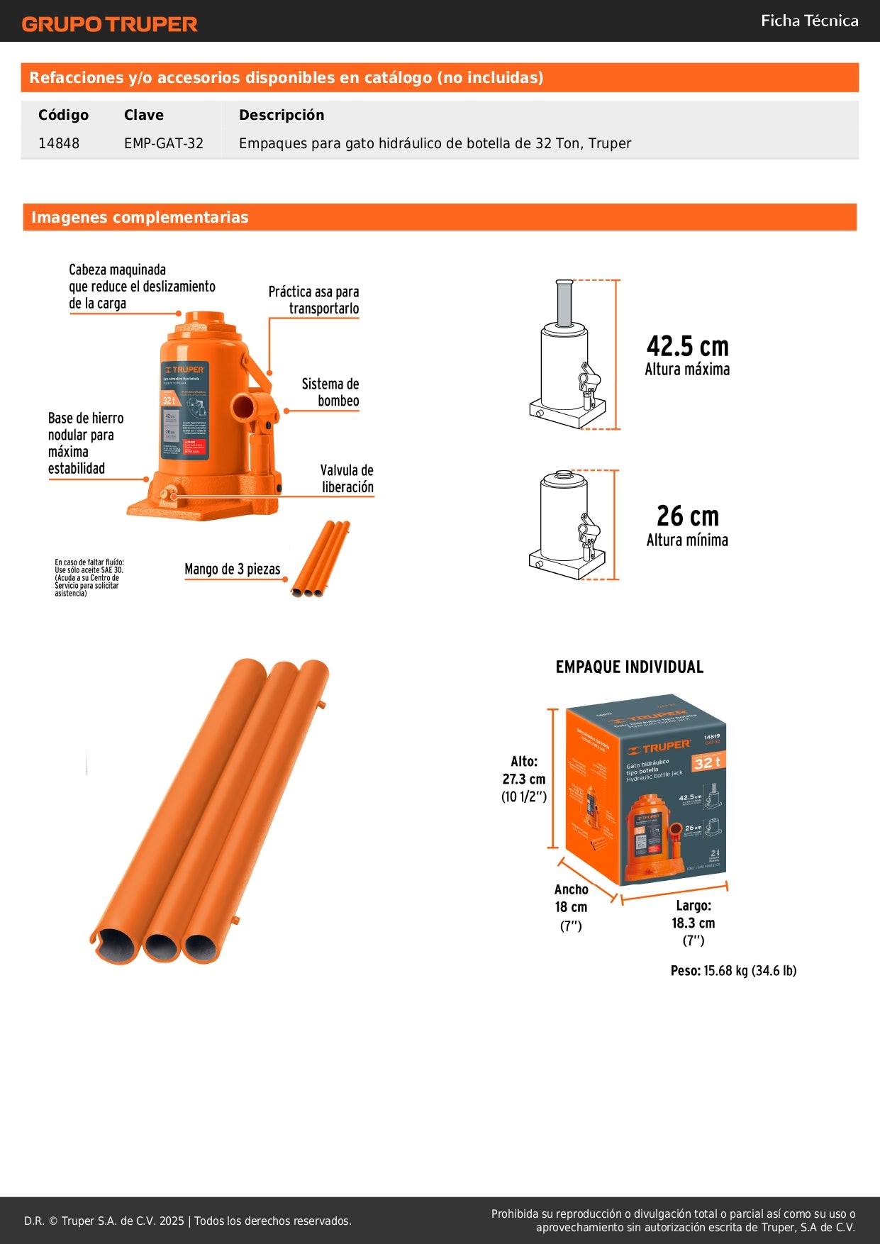 Gato Hidráulico Botella Truper 32 Toneladas GAT-32 - Levanta Cargas Pesadas con Máxima Estabilidad