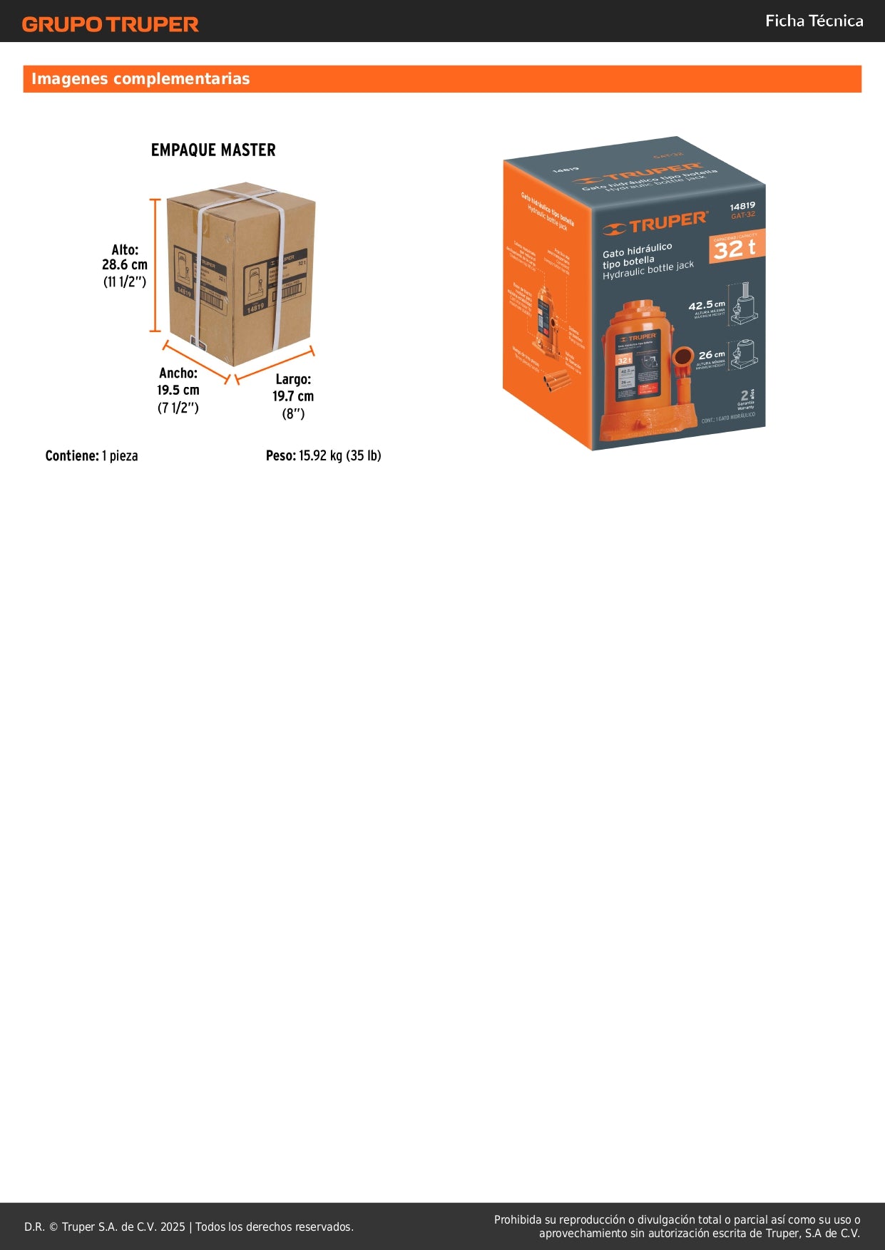 Gato Hidráulico Botella Truper 32 Toneladas GAT-32 - Levanta Cargas Pesadas con Máxima Estabilidad