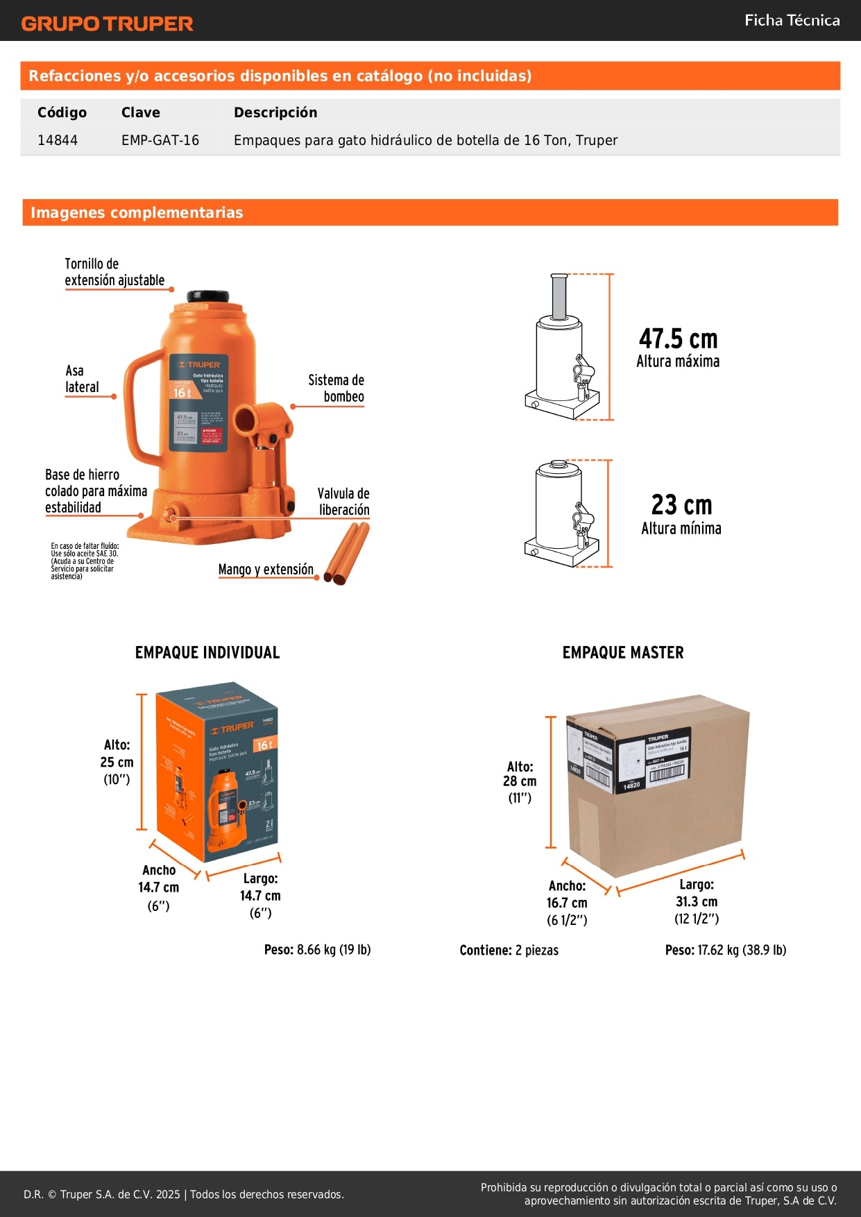 Gato Hidráulico de Botella Truper 16 Toneladas GAT-16 - Levanta Vehículos Pesados con Cabeza Antideslizante y Base Estable
