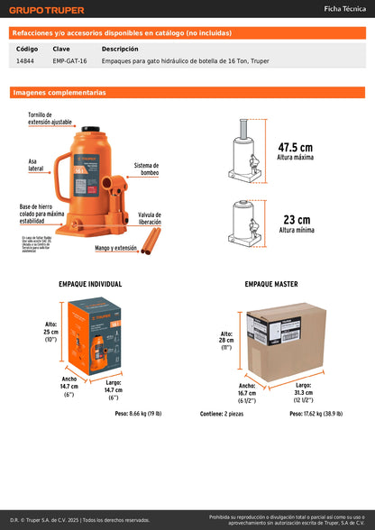 Gato Hidráulico de Botella Truper 16 Toneladas GAT-16 - Levanta Vehículos Pesados con Cabeza Antideslizante y Base Estable