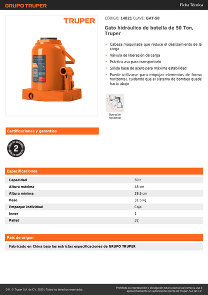 Gato Hidráulico Botella Truper 50 Toneladas GAT-50 - Levanta Cargas Pesadas con Máxima Estabilidad