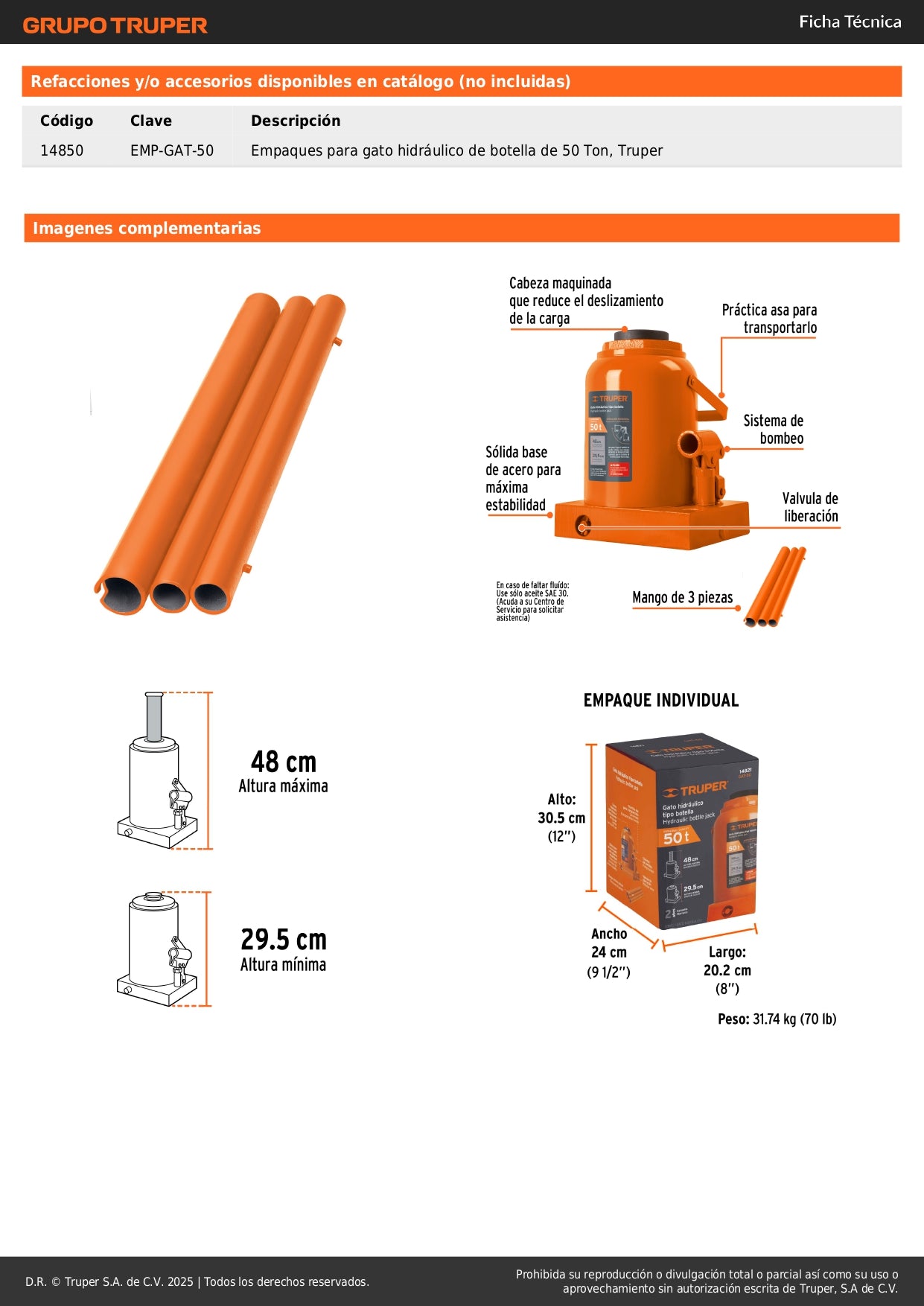 Gato Hidráulico Botella Truper 50 Toneladas GAT-50 - Levanta Cargas Pesadas con Máxima Estabilidad