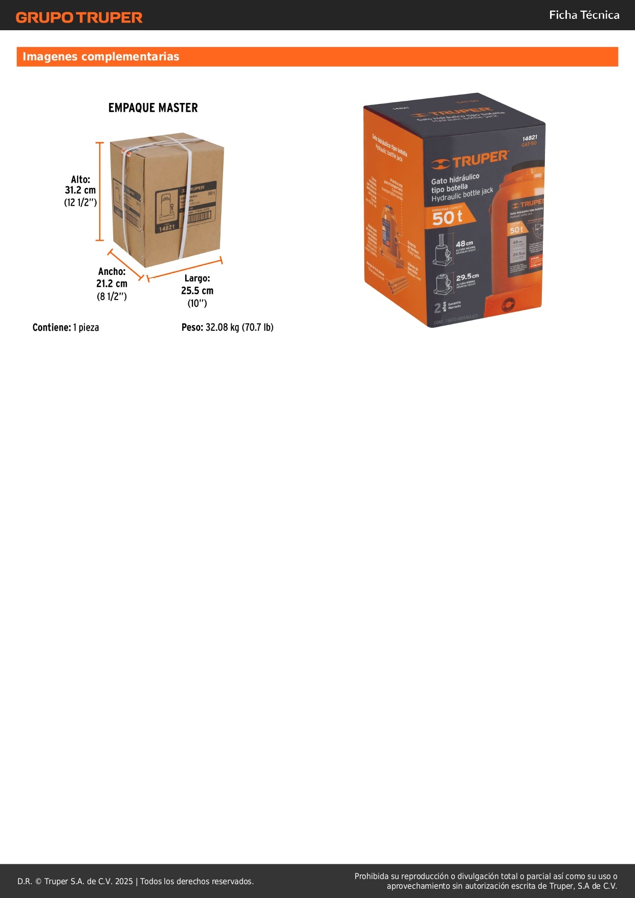 Gato Hidráulico Botella Truper 50 Toneladas GAT-50 - Levanta Cargas Pesadas con Máxima Estabilidad