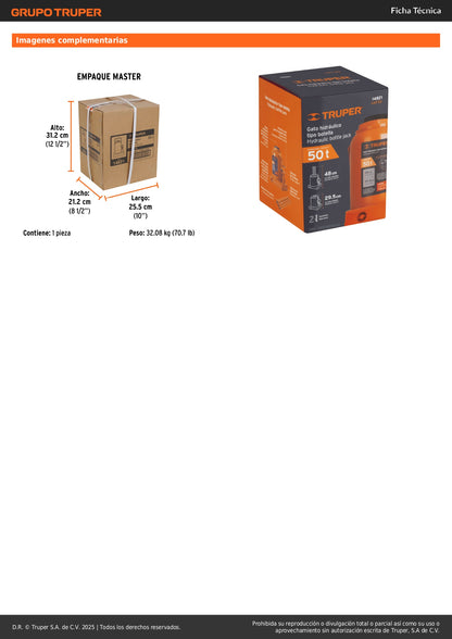 Gato Hidráulico Botella Truper 50 Toneladas GAT-50 - Levanta Cargas Pesadas con Máxima Estabilidad