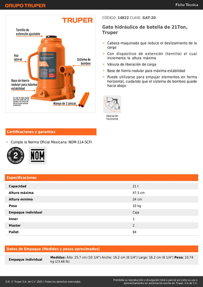 Gato Hidráulico de Botella Truper GAT-20 21 Toneladas - Solución Profesional para Levantamiento Pesado con Base Estable y Válvula de Seguridad