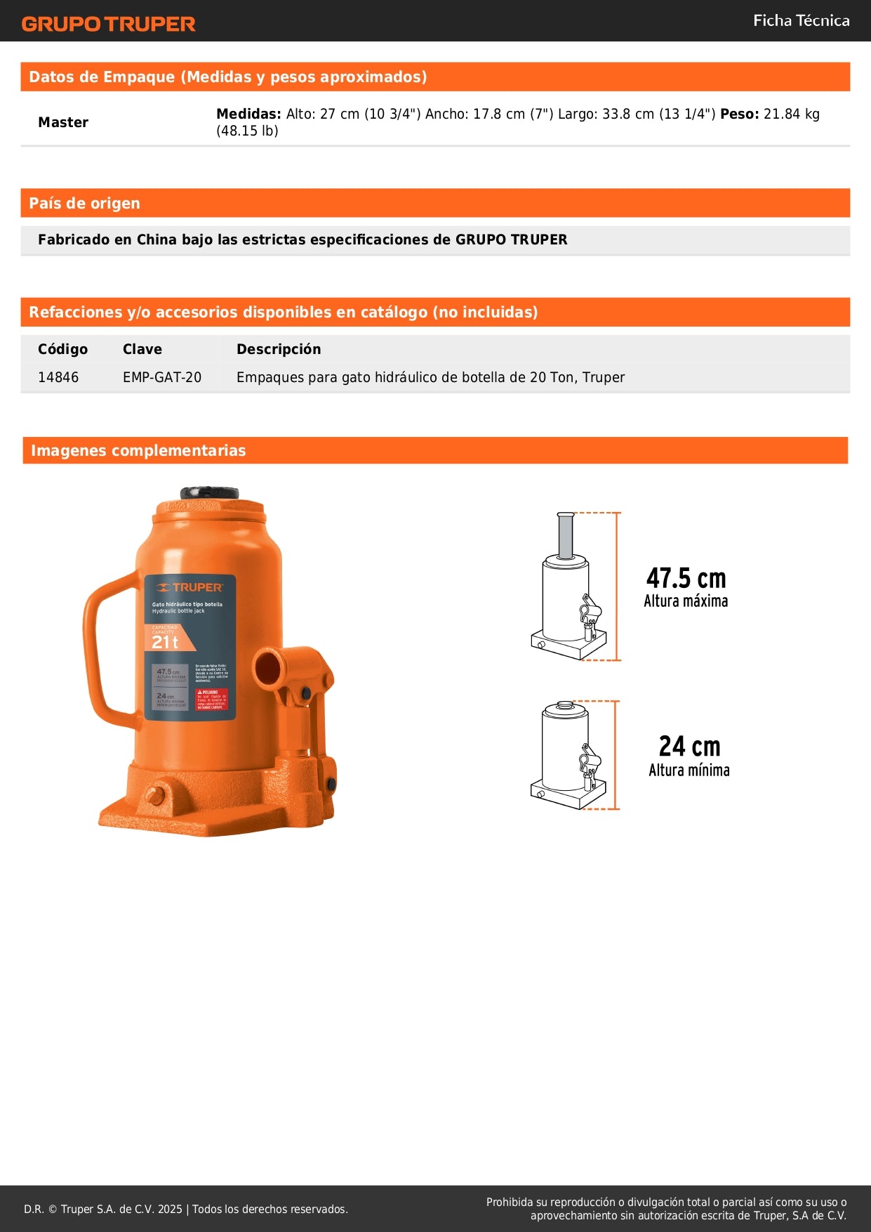 Gato Hidráulico de Botella Truper GAT-20 21 Toneladas - Solución Profesional para Levantamiento Pesado con Base Estable y Válvula de Seguridad