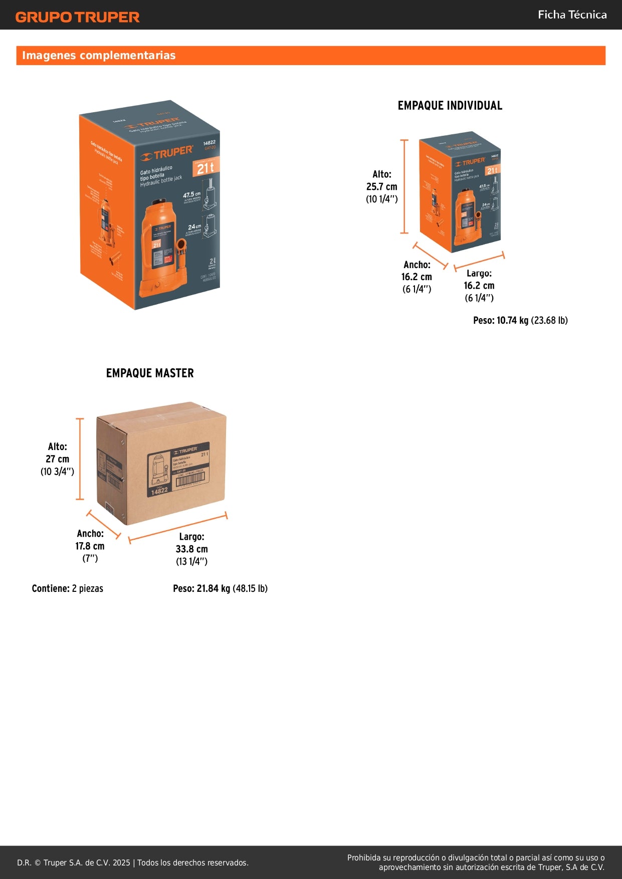 Gato Hidráulico de Botella Truper GAT-20 21 Toneladas - Solución Profesional para Levantamiento Pesado con Base Estable y Válvula de Seguridad